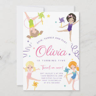 Gymnastiek Verjaardagsfeestuitnodiging · Pinwheels Kaart