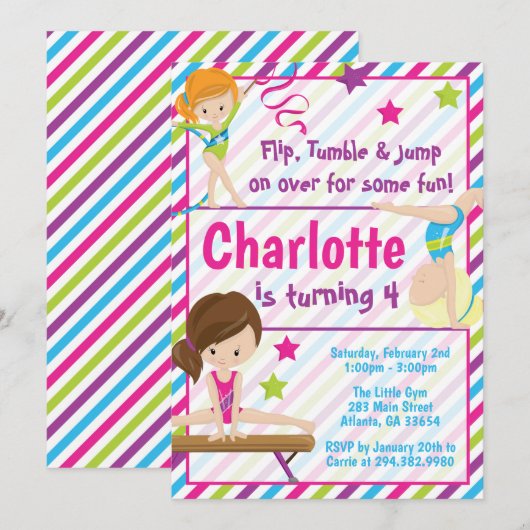 Gymnastiek verjaardagsuitnodigingen voor elke leef kaart (Voorkant / Achterkant)