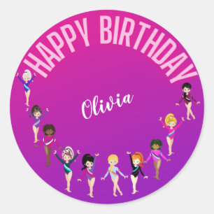 Gymnastiek Vrienden "Happy Birthday" Roze Paars Ronde Sticker