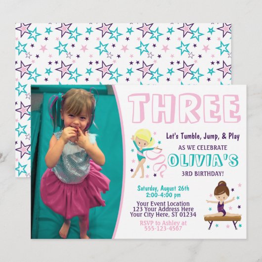 Gymnastique Anniversaire Invitation avec photo (Devant / Derrière)