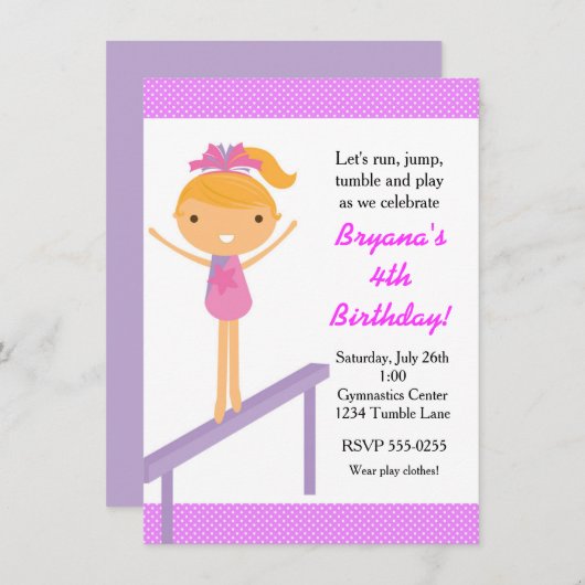 Gymnastique Filles Tumble Anniversaire Invitation (Devant / Derrière)