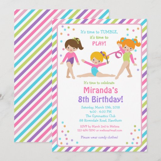 Gymnastische verjaardagsuitnodiging, gymnastische  kaart (Voorkant / Achterkant)