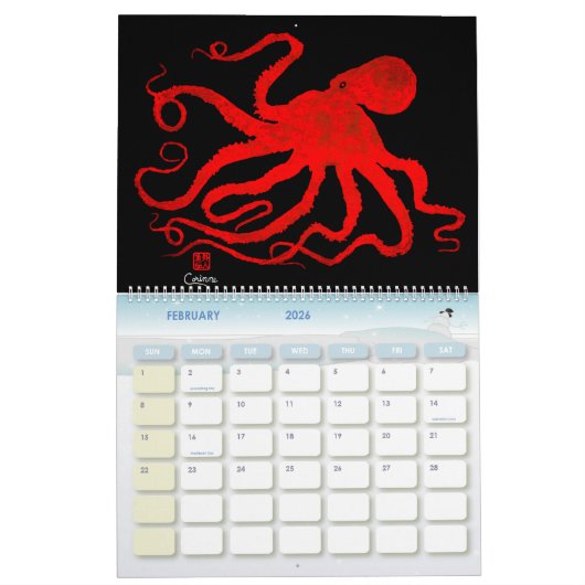 Gyotaku Octopus - Grote agenda Kalender (Feb 2026)