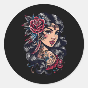 Gypsy Lady _ Boho Style _ Tattoo Art _ T-shirt Ronde Sticker