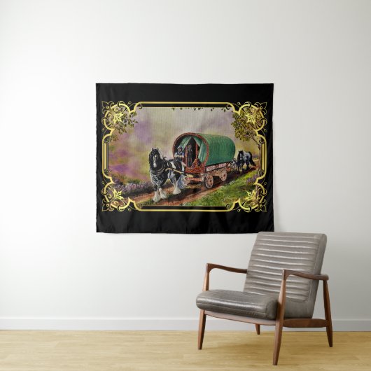 Gypsy Vanner Horse Irish Caravan Wagon Tapestry Wandkleed (In Situ (horizontaal))