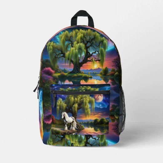 Gypsy Vanner Paard Wilgen Boom en Kleurrijke Skies Bedrukte Rugzak (Voorkant)
