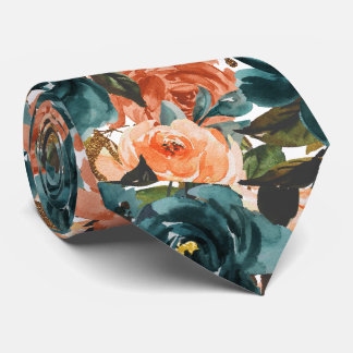 H2 Bloemen Turquoise en Roest Oranje Rozen Stropdas