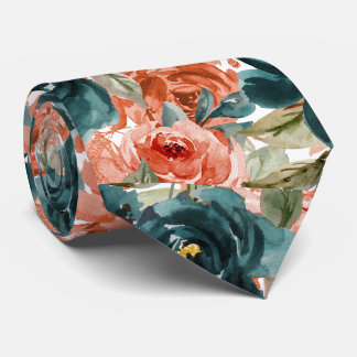 H2 Bloemen Turquoise Groen Roest Oranje Rozen Stropdas