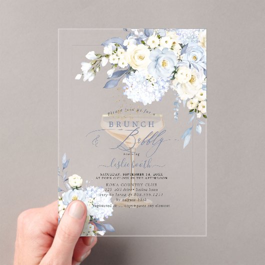 H2 Blue Hydrangea Cream Roses Brunch Bubbly  Acryl Uitnodigingen (Insitu (Draagbaar))
