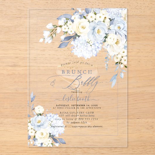 H2 Blue Hydrangea Cream Roses Brunch Bubbly  Acryl Uitnodigingen (Voorkant)