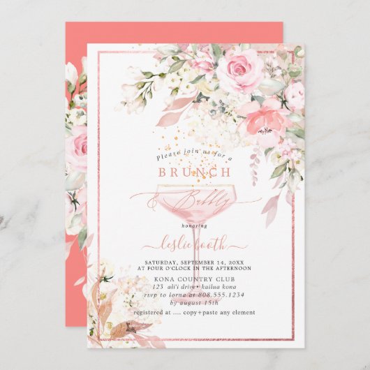 H2 Dusty Roos Blush Hydrangea Brunch Bubble Uitnod Kaart (Voorkant / Achterkant)