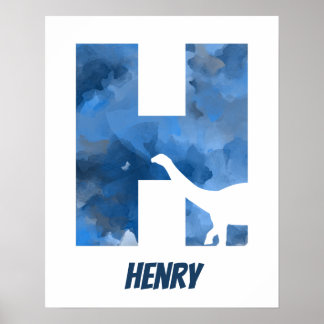 "H" Dinosaur Waterverf Blue Child Name Poster