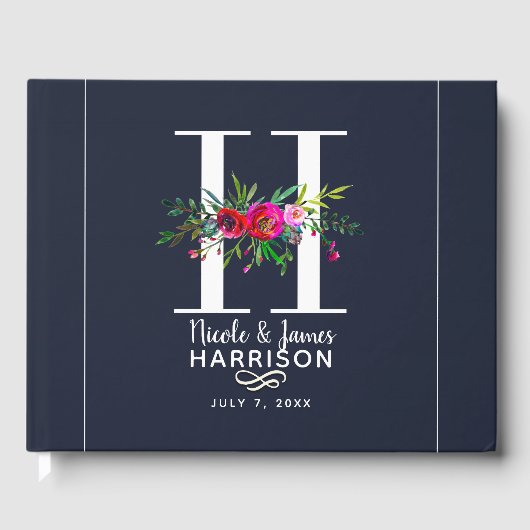 H Letter Initiaal Monogram Bloemen Naam Bruiloft Gastenboek (Voorkant)