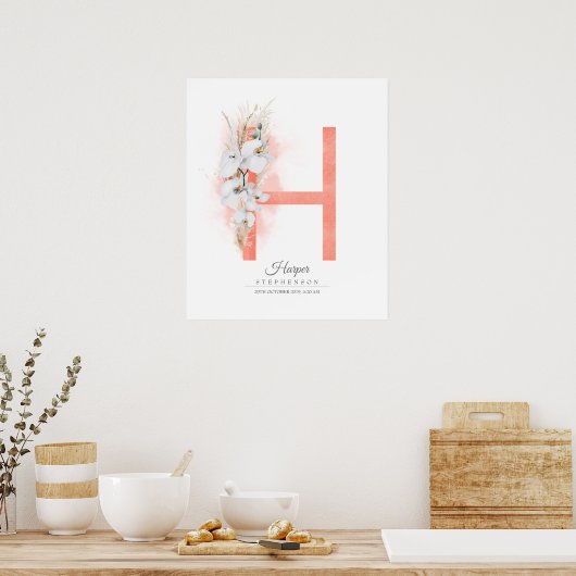 H Letter Monogram White Orchids and Pampas Grass Poster (Keuken)