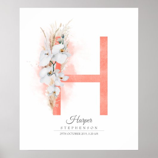 H Letter Monogram White Orchids and Pampas Grass Poster (Voorkant)