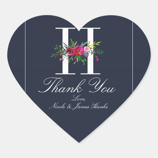 H Monogram Laatste Initiaal Modern Blue Floral Wed Hart Sticker (Voorkant)