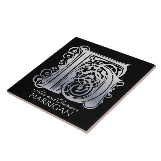 H Monogram "Silver Lace on Black" met Names-Tegel Tegeltje (Zijkant)