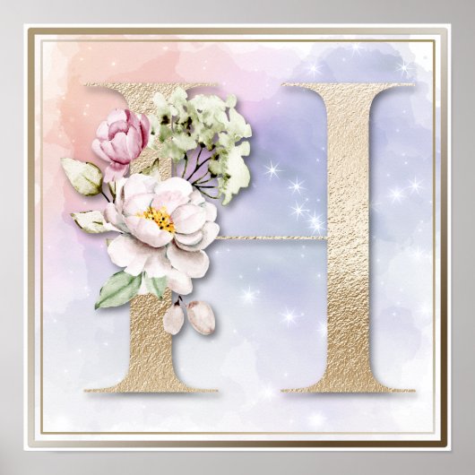 H Monogramme Bourgogne Poster Floral (Devant)