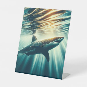 Haai in het diepblauwe zee & zonlicht reclamebord met voetstuk