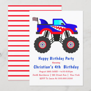Haai Monster Truck 4de verjaardagsuitnodigingen