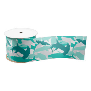 Haai Wit & Blauwgroen Camouflage Patroon Satijnen  Lint