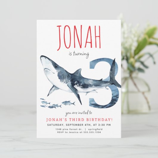 Haaien derde verjaardagsuitnodiging kaart (Staand voorkant)