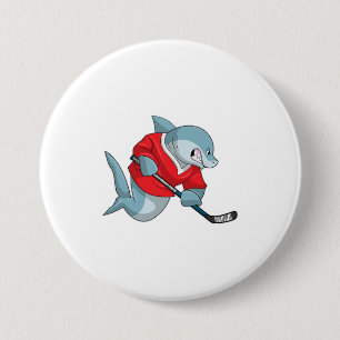 Haaien op ijshockey met ijshockeystick ronde button 7,6 cm