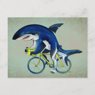 Haaien rijden op een fiets briefkaart