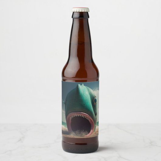 Haaien sculptuur op het strand bier etiket (Voorkant)