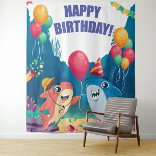 Haaien Verjaardagsfeestje Achtergrond Foto Banner Wandkleed