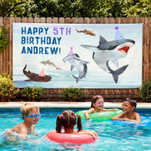 Haaien verjaardagsuitnodiging zwembadfeest banner