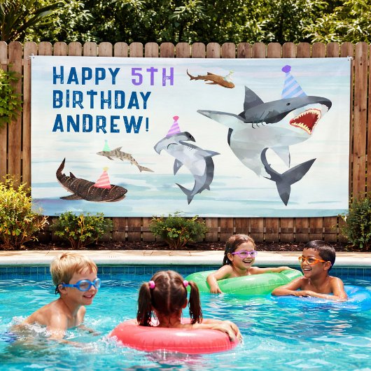 Haaien verjaardagsuitnodiging zwembadfeest banner