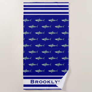 haaienpatroon marine blauw met witte strepen naam strandlaken