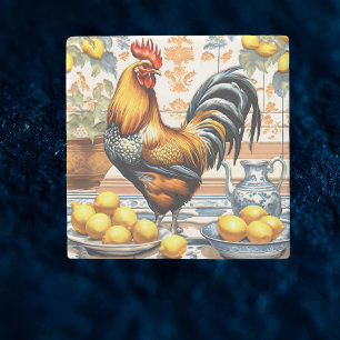 Haan en Citroenen Azulejo Stijl Blauw Oranje Crème Stenen Onderzetter