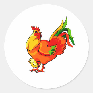 Haan groene staart met baby chick.png ronde sticker