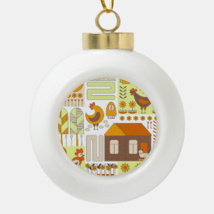 Haan, kippen, geometrische bloementekening. keramische bal ornament