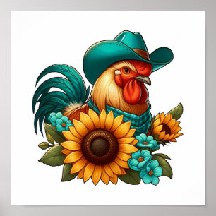 Haan Met Turkooizen Hoed en Zonnebloemen Poster