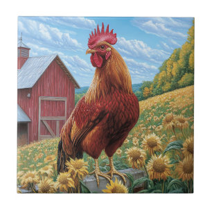 Haan op een zonnebloem Boerderij schilderij Tegeltje