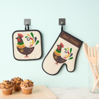 "Haan" Volkskunst stijl op maat Ovenwant & Pannenlap Set