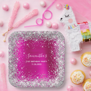 Haar 21e verjaardag hete roze en zilver glitter papieren bordje