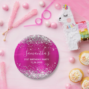 Haar 21e verjaardag Roze en Zilver Glitter Papieren Bordje