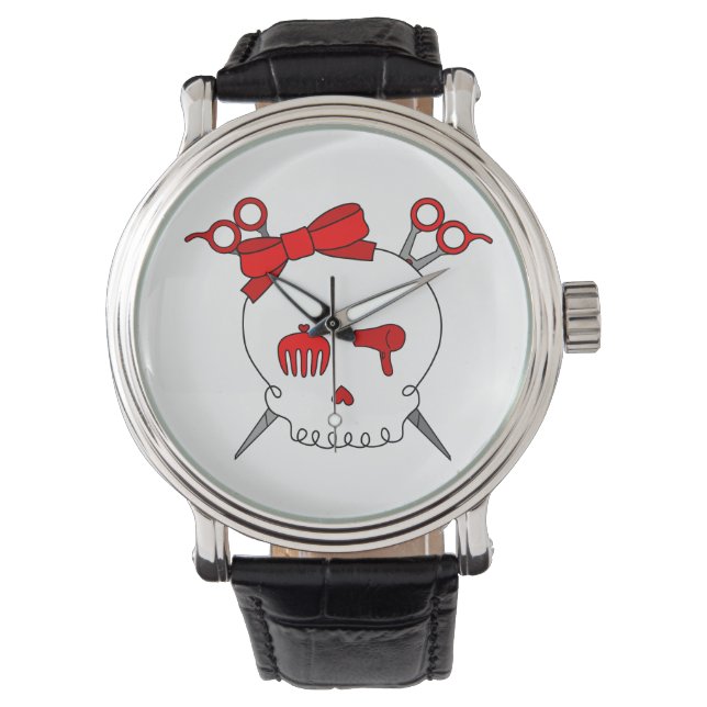 Haar accessoire schedel (schaar Crossbones Rood) Horloge (Voorkant)