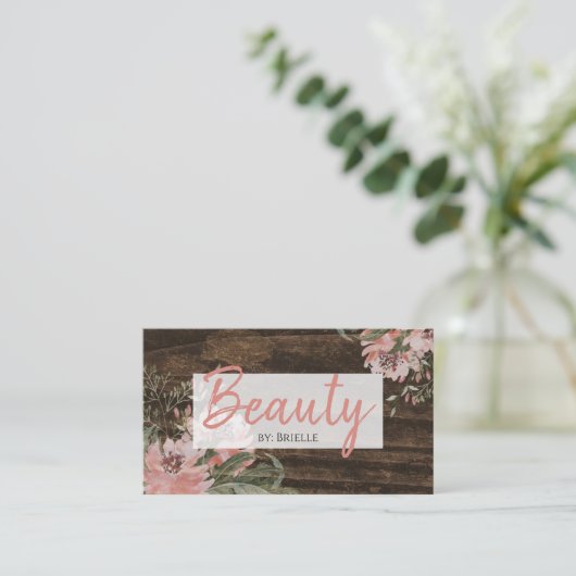 Haar en Schoonheidssalon Rustiek Donker Hout Bloem Visitekaartje (Staand voorkant)