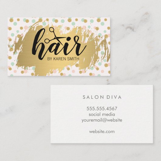 HAAR/Goud Geborsteld/Goud Polka Dot Patroon Visitekaartje (Voorkant / Achterkant)