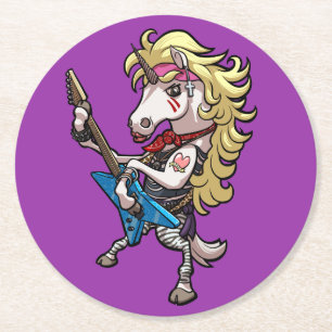 Haar Metal Glam Unicorn met Star Guitar Cartoon Ronde Kartonnen Onderzetter