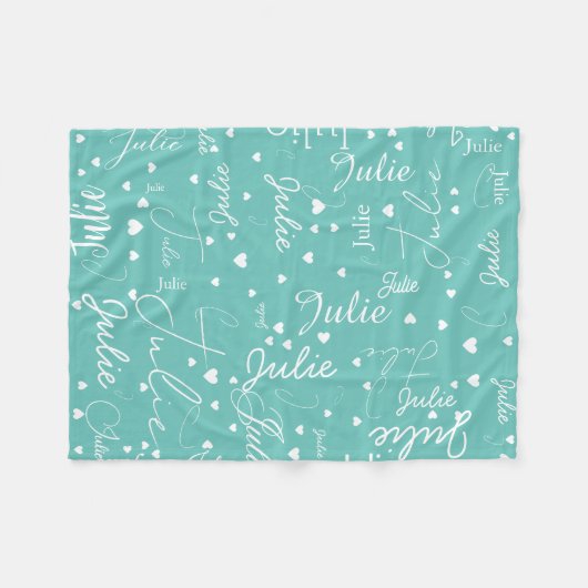 Haar naam en harten over licht-blauwgroen fleece deken (Voorkant (Horizontaal))