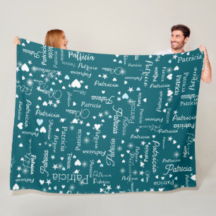 Haar Naam & Harten girly donkerblauw blauwgroen Fleece Deken