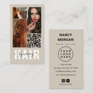 Haar Script Fotocollage Logo Qr Code Beige Visitekaartje