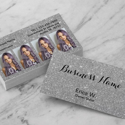 Haar Stylist Aangepaste foto Modern Silver Glitter Visitekaartje