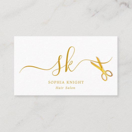 Haar Stylist Custom Goud Script Schaar Monogram Visitekaartje (Voorkant)